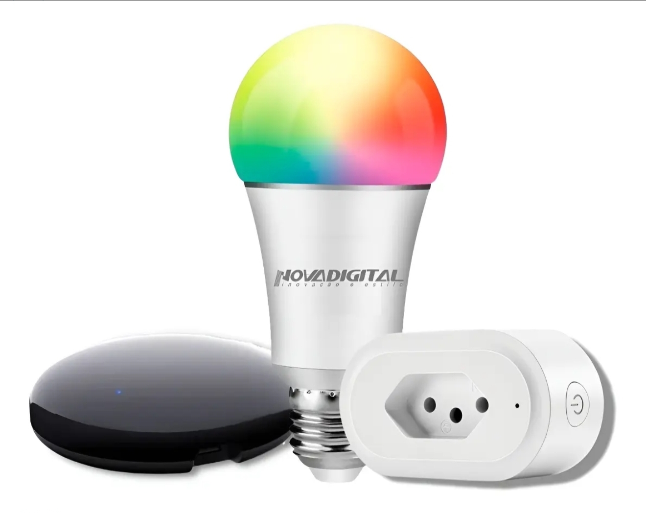 Kit casa inteligente: caixa com assistente + lâmpada e tomada